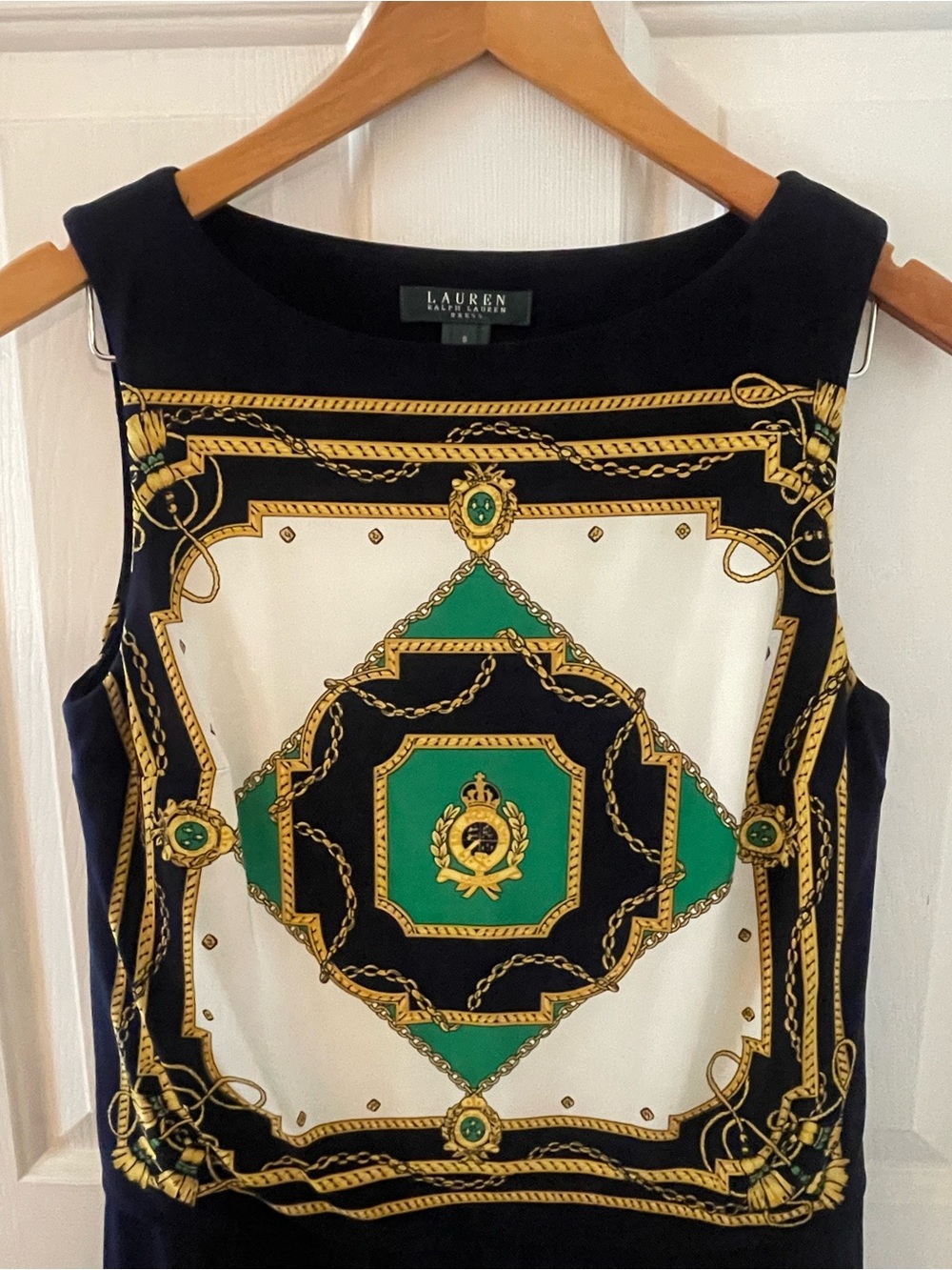 Lauren Ralph Lauren Equestrian Navy Green & White Printed Medallion Dress - Picture 3 of 5